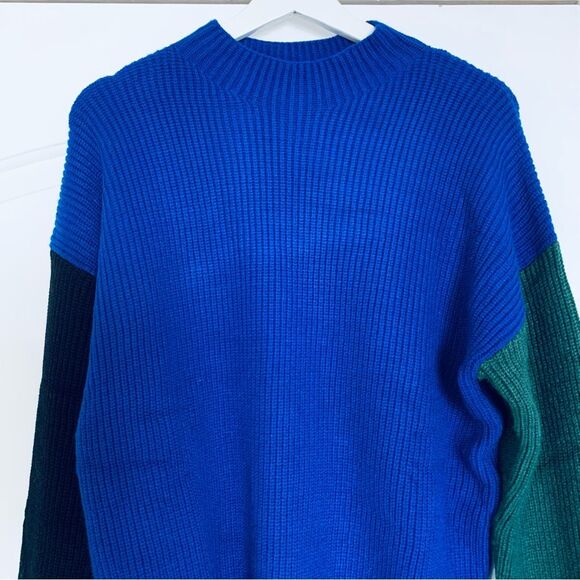 NWT Area Stars Blue Green & Black Color Block Mock Neck Knit Oversized Sweater M - Picture 2 of 9